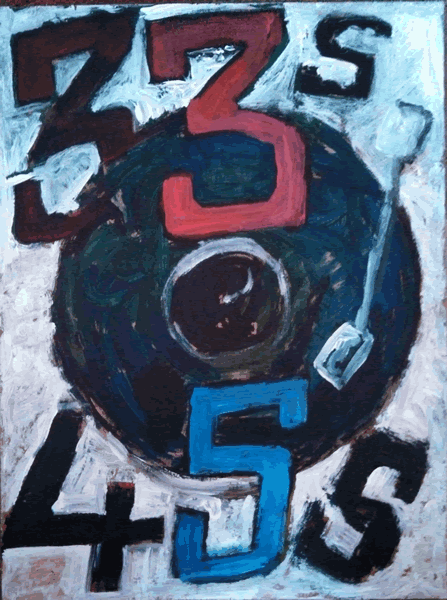 Wreckless Eric painting inspired by his song 33’s & 45’s. You can find more of his paintings at his website, wrecklesseric.com.